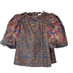 Ulla Johnson Lorena Puff Sleeve Top Obsidian Marble Print Taffeta Size 2